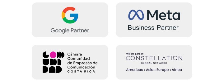 Our Partners: Google Partner, Meta Business Partner, Cámara Comunidad de Empresas de Comunicación Costa Rica, Constellation Global Network